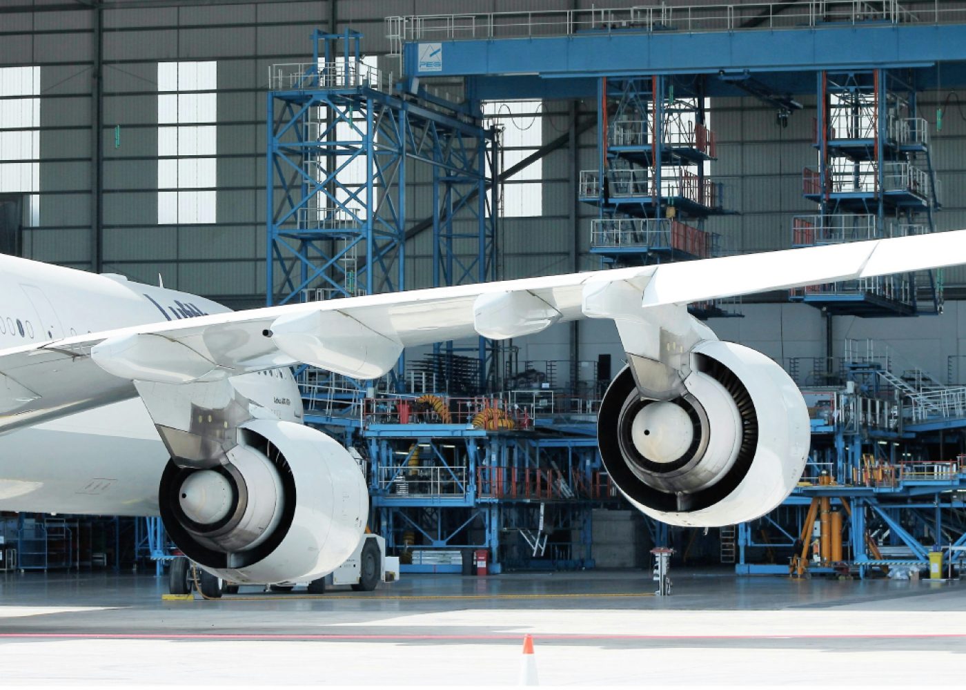 Lufthansa aircraft jet engines in hangar for maintenance