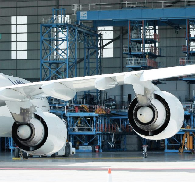 Lufthansa aircraft jet engines in hangar for maintenance