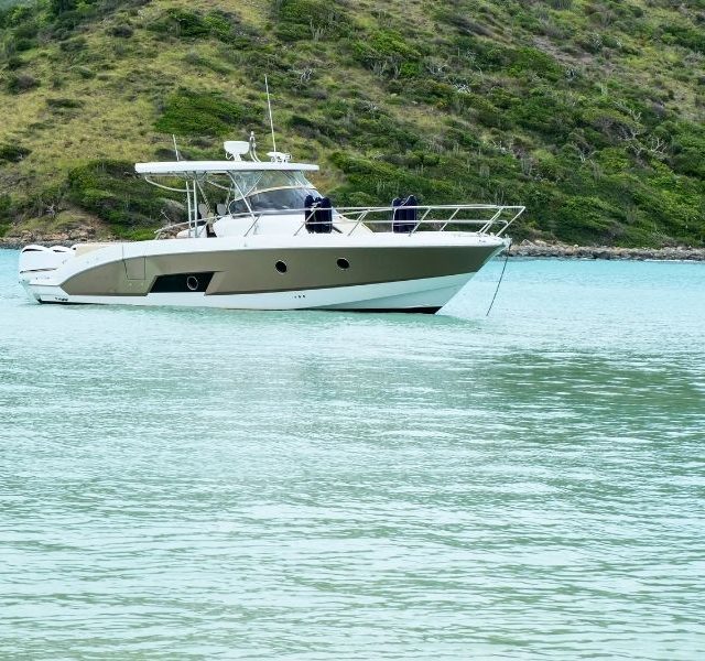 Luxury speedboat anchored on the coast