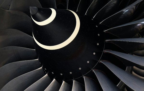 Close-up image of an aircraft engine.